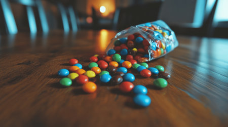 A vibrant assortment of colorful candies spilled on a rustic wooden table, perfect for showcasing sweet treats during celebrations or casual gatherings.の素材