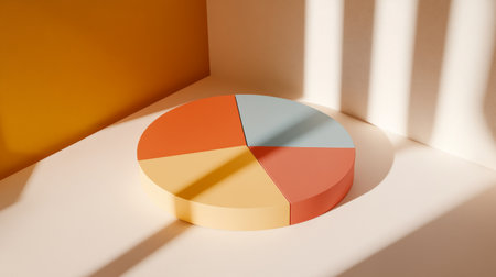 A vibrant pie chart displayed on a minimalist background, showcasing bright colors and geometric shapes, ideal for business presentations or data analysis.の素材