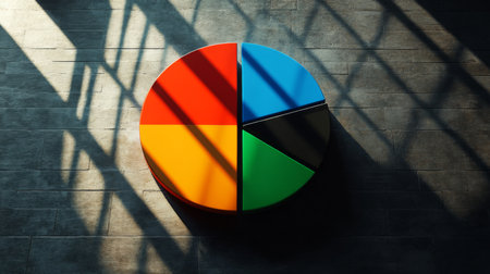 A colorful pie chart displaying segmented data casting shadows on a wooden floor. Ideal for business presentations and data analysis visuals.の素材