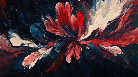 This striking artwork features dynamic red and white swirls on a dark background, showcasing a blend of colors that evoke emotion and creativity.の素材