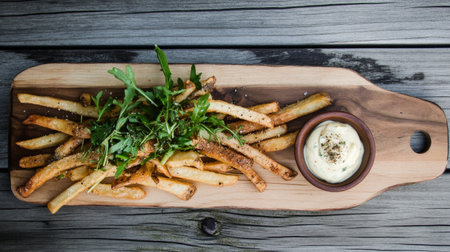 A beautifully arranged plate of freshly made fries topped with vibrant herbs and served with a creamy dip. Perfect for a casual dining experience.の素材