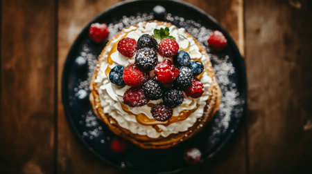 A delectable stack of pancakes topped with whipped cream and an assortment of fresh berries, perfect for a delicious breakfast or dessert treat.の素材