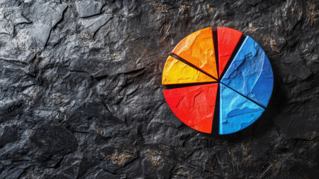 A vibrant segmented chart sits on a textured dark surface, ideal for presentations and reports. Perfect for data visualization and creative projects.の素材