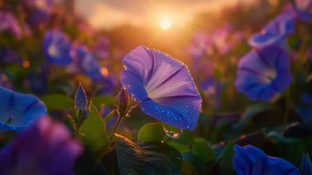 A stunning close-up of a blue flower adorned with morning dew, illuminated by the soft light of sunrise, creating a serene and vibrant scene in nature.の素材