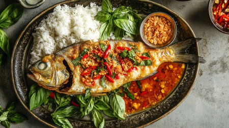 A vibrant plate showcasing grilled fish served with fragrant rice, fresh basil, and spicy chili garnishes. Ideal for food enthusiasts and culinary presentations.の素材