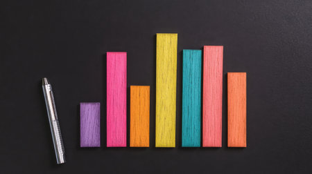 Colorful wooden bars arranged like a graph on a black surface, accompanied by a silver pen. Ideal for concepts of analysis, creativity, and business strategy.の素材