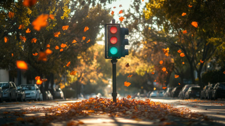 A striking green traffic light stands amidst fallen autumn leaves, highlighting the beauty of fall in a serene urban setting. Perfect for seasonal themes.の素材