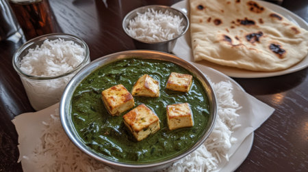A vibrant spinach and cheese dish served with fluffy rice and soft bread, showcasing freshness and delicious flavors in a traditional setting.の素材
