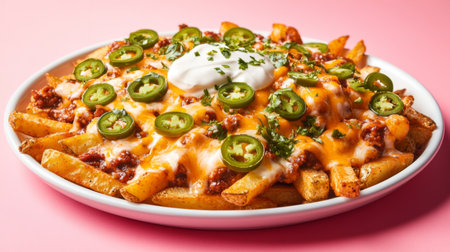 Enjoy a vibrant plate of loaded fries topped with melted cheese, fresh jalapeの素材