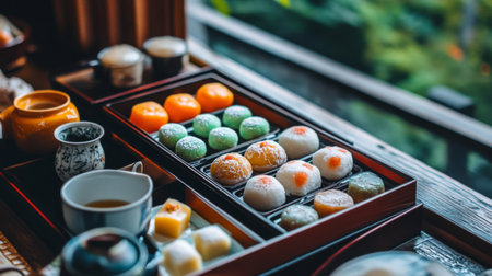 A beautiful arrangement of traditional sweets on a wooden table, showcasing colorful confections and a serene view. Ideal for food lovers and cultural exploration.の素材