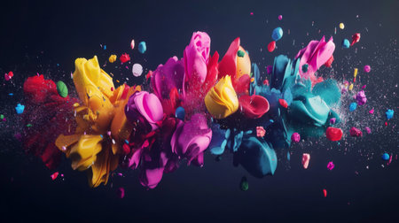 A stunning explosion of vibrant paint splashes creates a dynamic, artistic scene. The colorful fragments and textures evoke creativity and energy.の素材