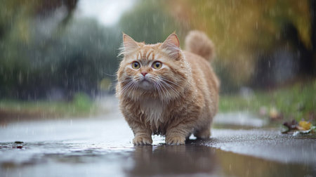 A curious cat explores a rainy street, showcasing its fluffy fur and inquisitive nature. The droplets create a serene atmosphere, highlighting the beauty of the moment.の素材