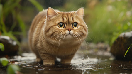 A cute fluffy cat stands in a serene outdoor setting under gentle rain, with water droplets glistening on its fur, evoking a sense of calm and curiosity.の素材