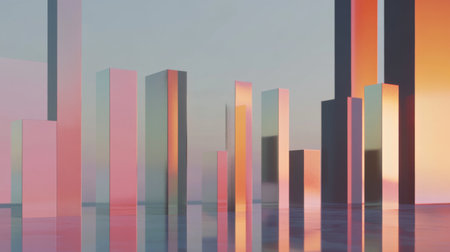 Vibrant abstract cityscape with colorful reflections that evoke a serene and modern atmosphere, perfect for creative and digital art projects.の素材