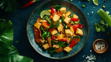 A vibrant and colorful vegetable stir-fry featuring tofu and fresh herbs. Perfect for a healthy meal or a delightful dinner option. Enjoy the fresh flavors!の素材