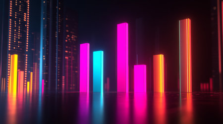 A striking visual of colorful neon bars set against a dark background, representing modern technology and data visualization in an urban setting.の素材