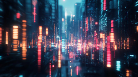 Explore a stunning futuristic cityscape illuminated by neon lights, featuring a vibrant array of colors and a dynamic depth effect, evoking a sense of technology and modernism.の素材