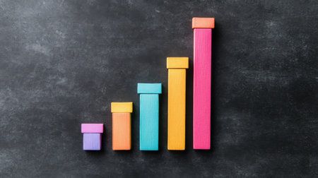 Brightly colored blocks arranged in ascending order symbolize growth and progression. Ideal for educational and business-related content on development and analysis.の素材