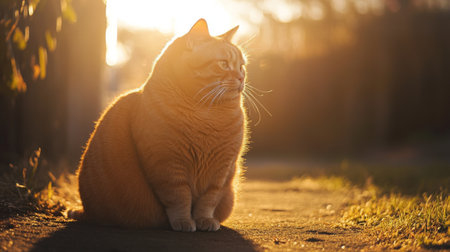 A serene cat sitting quietly in the golden hour, basking in the warm sunlight. The tranquil scene captures the essence of a peaceful outdoor moment.の素材