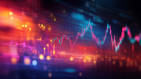 Captivating abstract visualization of financial data featuring vibrant colors and dynamic lines representing market trends and analysis in a digital space.の素材