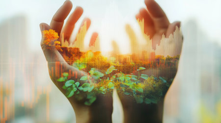 A creative representation of hands holding nature with data visualization elements, symbolizing the connection between sustainability and technology.の素材