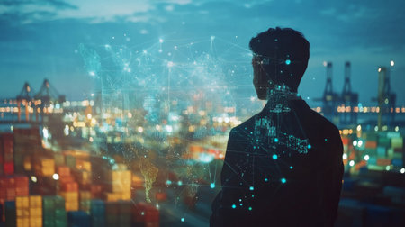 A businessman gazes over a bustling shipping port at dusk, with a digital overlay representing connections and global trade. The image symbolizes industry and innovation.の素材