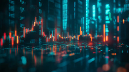 A captivating digital data visualization featuring dynamic graphs and glowing elements in blue and orange hues, perfect for technology and finance themes.の素材