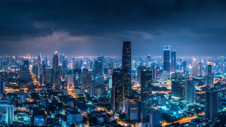 Explore the stunning night view of an urban cityscape, showcasing bright lights and modern architecture against a dramatic sky. Perfect for travel and city photography.の素材