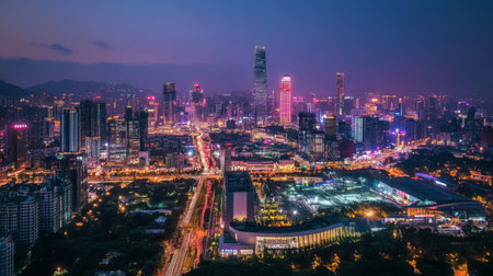 Stunning aerial view of a vibrant city skyline at night, showcasing illuminated high-rise buildings and bustling streets filled with energy and color.の素材
