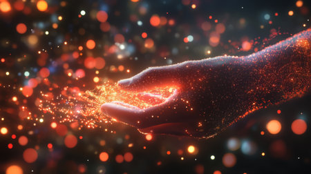 A hand gently releases vibrant sparkling particles, creating a mesmerizing display of light and color. This image embodies the essence of creativity and magic.の素材