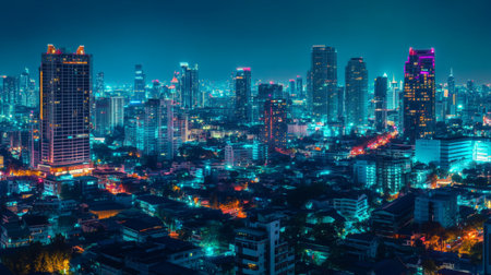 A stunning night view of an urban landscape, showcasing illuminated skyscrapers and vibrant city lights that create a mesmerizing atmosphere.の素材