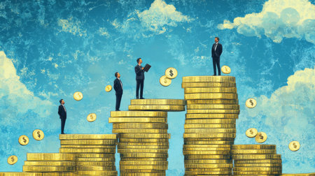 A visually striking representation of business growth, featuring professionals on stacks of coins symbolizing financial success and strategic planning in a dynamic economic landscape.の素材