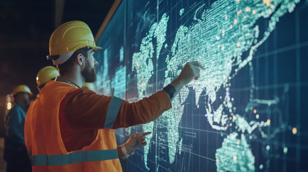 Engineers collaborate in a modern workspace, analyzing data on a digital map. They utilize advanced technology to enhance project management and strategic planning.の素材