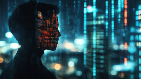 A striking profile silhouette of a man against a vibrant city skyline, enhanced by glowing data visualizations, embodies technology and innovation.の素材