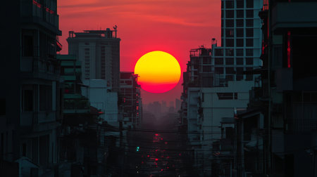 A stunning urban sunset casts a vibrant silhouette of buildings against a glowing horizon, illuminating the city streets below in warm hues.の素材