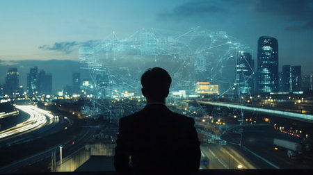 A businessman gazes out over a modern city at night, with digital data visualizations illuminating the skyline, symbolizing innovation and connectivity in urban life.の素材