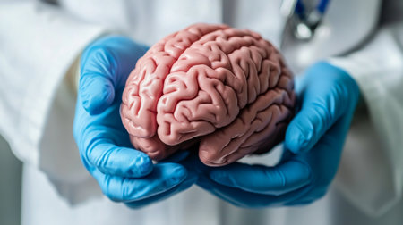 A medical professional in gloves examines a brain model, showcasing the importance of anatomy in healthcare education and scientific research.の素材