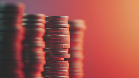 Close-up of stacked coins showcasing their metallic texture against a blurred, colorful background. Ideal for finance and investment themes.の素材