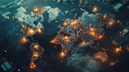 A stunning aerial view of a world map illuminated by city lights at night, showcasing urban connectivity and technological advancement across the globe.の素材