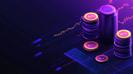 A vibrant representation of digital currency growth featuring stacked coins and a rising graph. Ideal for financial analysis and investment visuals.の素材