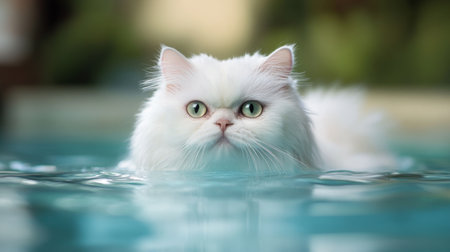 A fluffy white cat swims gracefully in a calm pool of water, showcasing its stunning emerald eyes and soft fur, perfect for pet lovers and animal enthusiasts.の素材