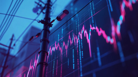 An urban setting features a striking data visualization against a vibrant city background. This image conveys technology and finance trends in an abstract style.の素材
