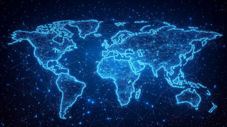 A stunning digital world map showcasing neon blue lines and network connections, representing global technology and connectivity in a modern design.の素材