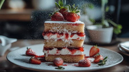 A mouth-watering strawberry shortcake layered with fresh cream and strawberries, dusted with powdered sugar, perfect for any celebration or dessert craving.の素材