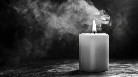 A solitary candle emits a gentle flame, surrounded by swirling smoke against a dark backdrop, creating a serene and atmospheric mood perfect for relaxation or meditation.の素材