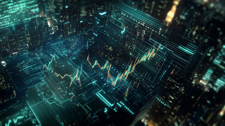A vibrant digital visualization of financial data over a city skyline at night. This image captures the pulse of modern technology in the world of finance.の素材