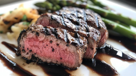 A beautifully grilled steak served with asparagus, showcasing rich textures and colors. Perfect for gourmet food lovers and culinary enthusiasts.の素材