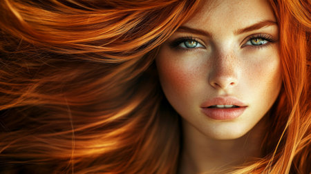 A captivating portrait of a woman showcasing vibrant red hair and striking features. The flowing locks frame her face, highlighting her serene expression and radiant beauty.の素材