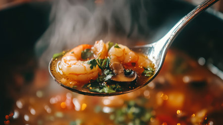 A closeup view of a spoonful of shrimp soup featuring fresh herbs and steam rising, capturing the warmth and flavor of a delicious meal. Perfect for food lovers.の素材