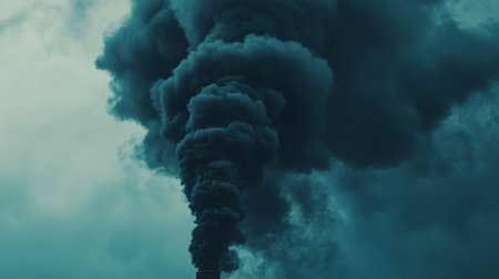 A striking image of dark smoke billowing from an industrial chimney under a cloudy sky, highlighting concerns related to air pollution and environmental health.の素材